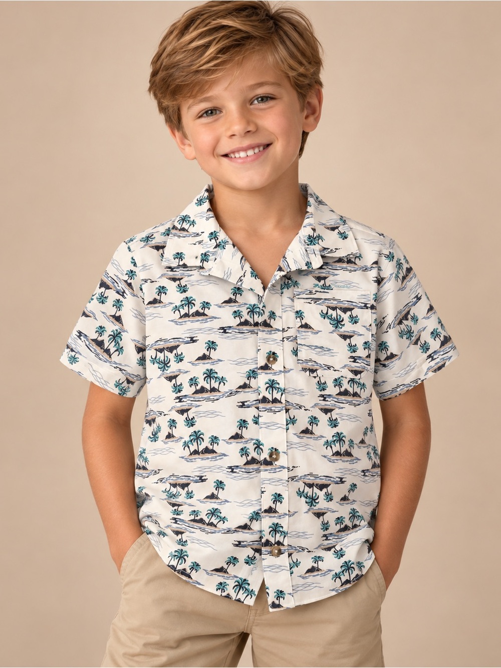 Eddie Bauer Teal and Navy Palm Print Short-Sleeve Button Shirt